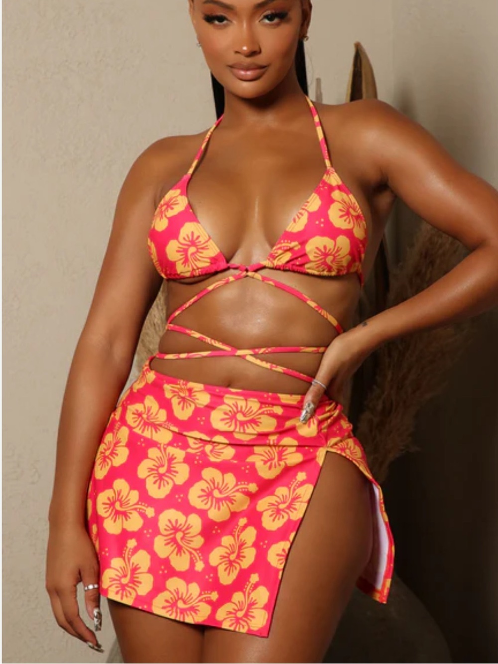 Fashion Nova Swimwear Floral Pink 2 Piece Bikini Top Skirt Bathing Suit Pool S